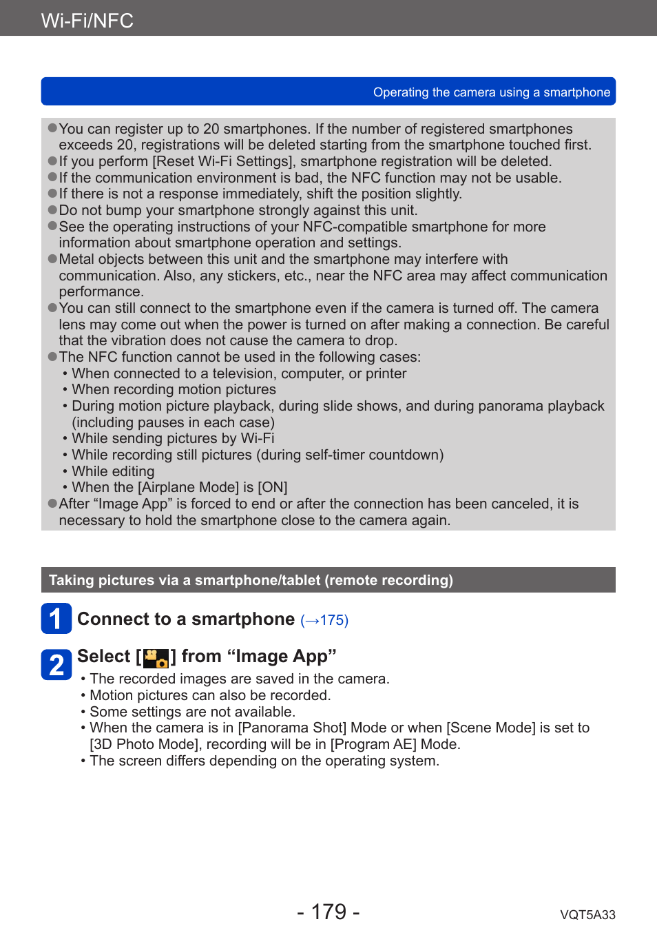 Taking pictures via a smartphone/tablet, Remote recording), Wi-fi/nfc | Panasonic DMC-LF1W User Manual | Page 179 / 285