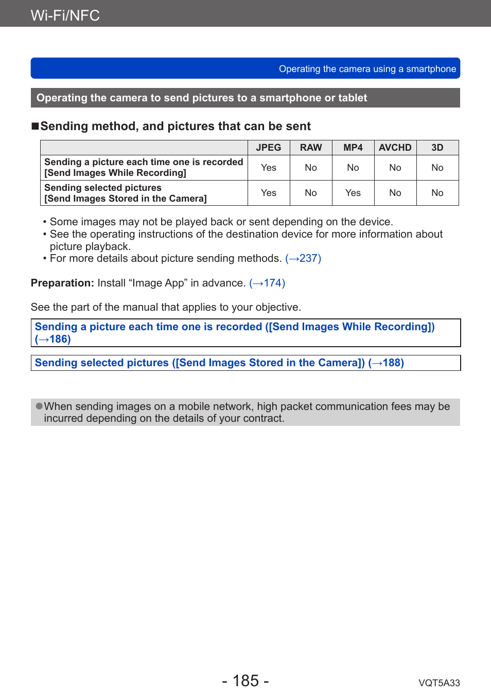 Operating the camera to send pictures to, A smartphone or tablet, Wi-fi/nfc | Panasonic DMC-LF1W User Manual | Page 185 / 285