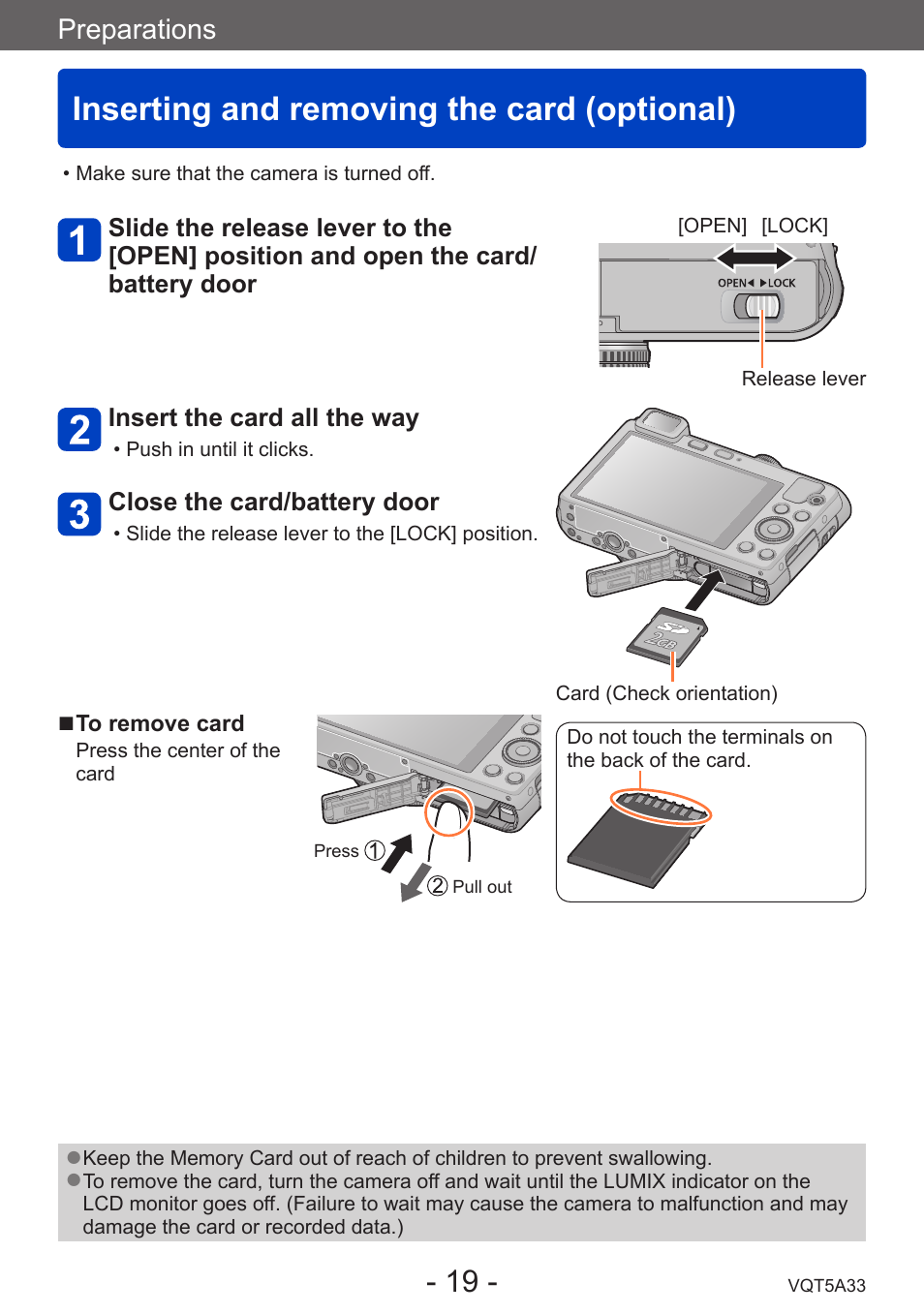Inserting and removing the card (optional), Inserting and removing the card, Optional) | Preparations | Panasonic DMC-LF1W User Manual | Page 19 / 285
