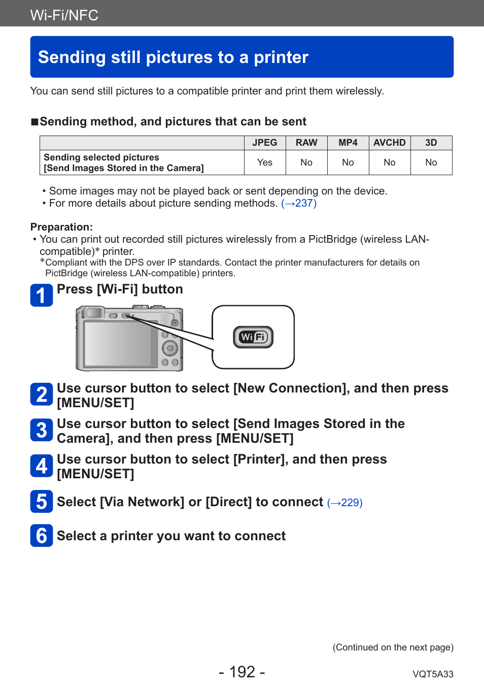 Sending still pictures to a printer, Wi-fi/nfc, Select a printer you want to connect | Panasonic DMC-LF1W User Manual | Page 192 / 285