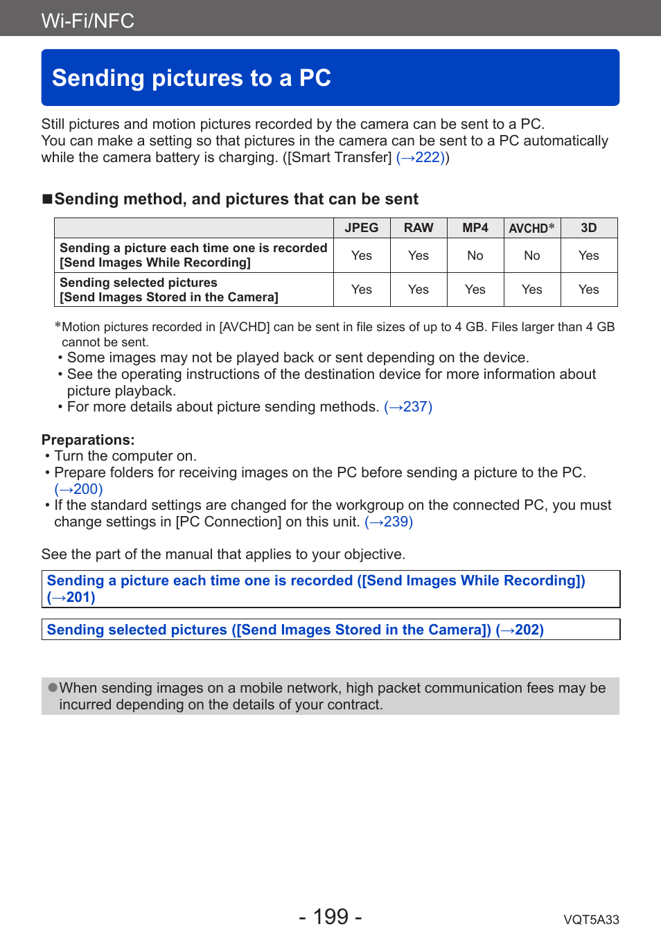 Sending pictures to a pc, Wi-fi/nfc | Panasonic DMC-LF1W User Manual | Page 199 / 285