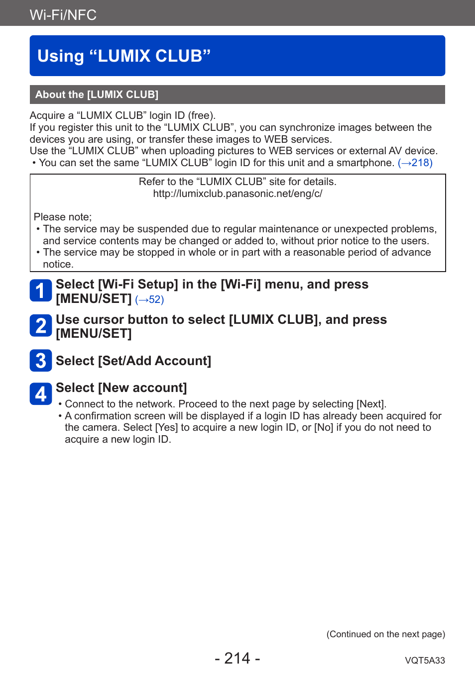 Using “lumix club, About the [lumix club, Wi-fi/nfc | Panasonic DMC-LF1W User Manual | Page 214 / 285