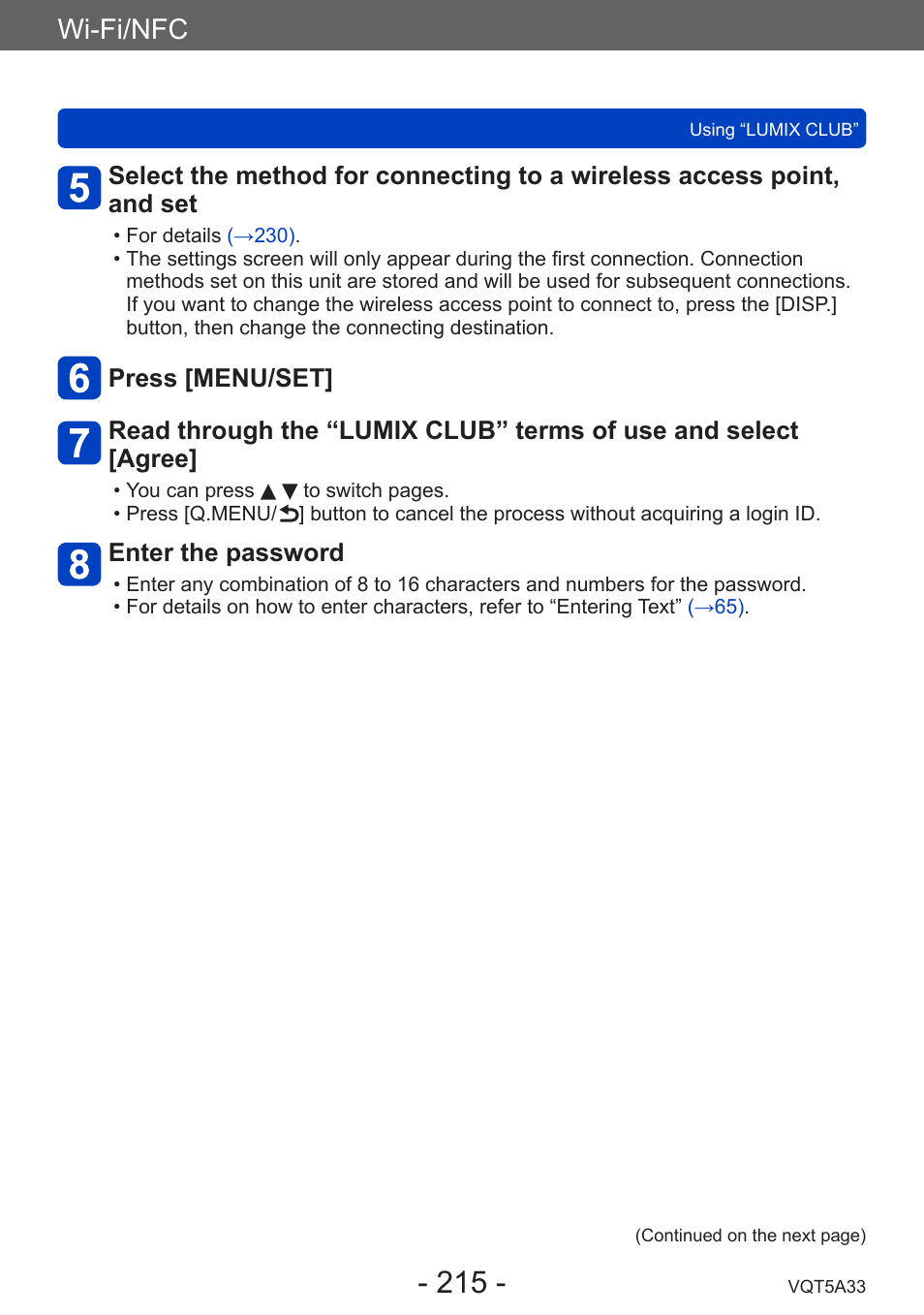 Wi-fi/nfc, Enter the password | Panasonic DMC-LF1W User Manual | Page 215 / 285