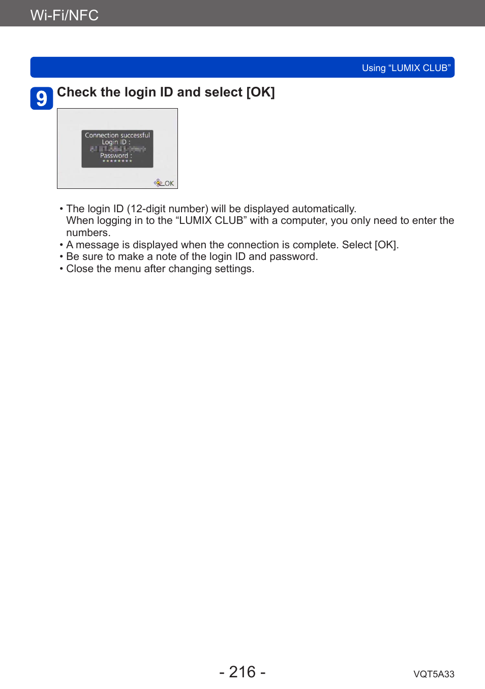 Wi-fi/nfc, Check the login id and select [ok | Panasonic DMC-LF1W User Manual | Page 216 / 285