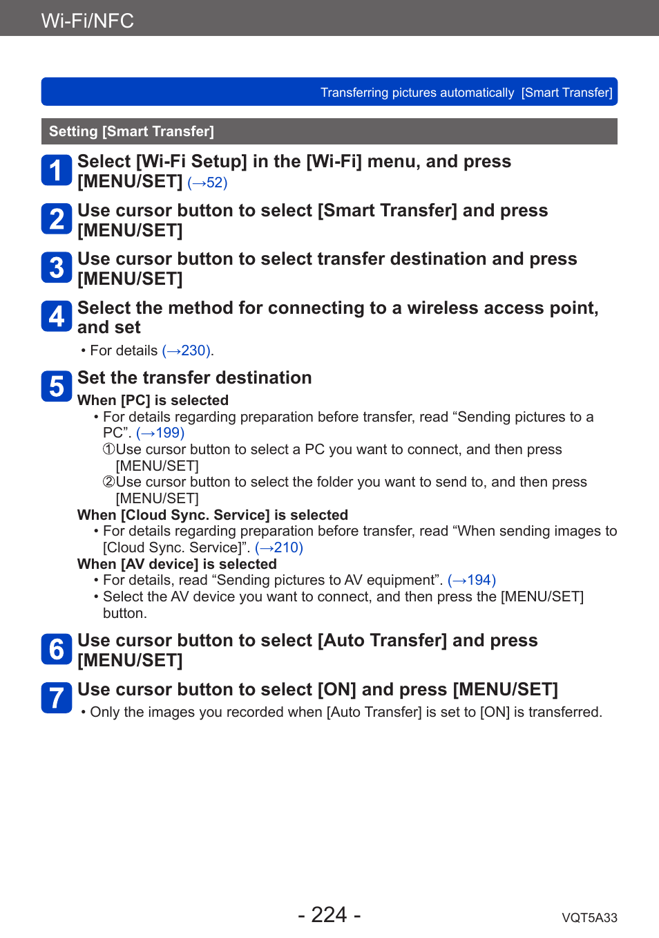 Setting [smart transfer, Wi-fi/nfc | Panasonic DMC-LF1W User Manual | Page 224 / 285