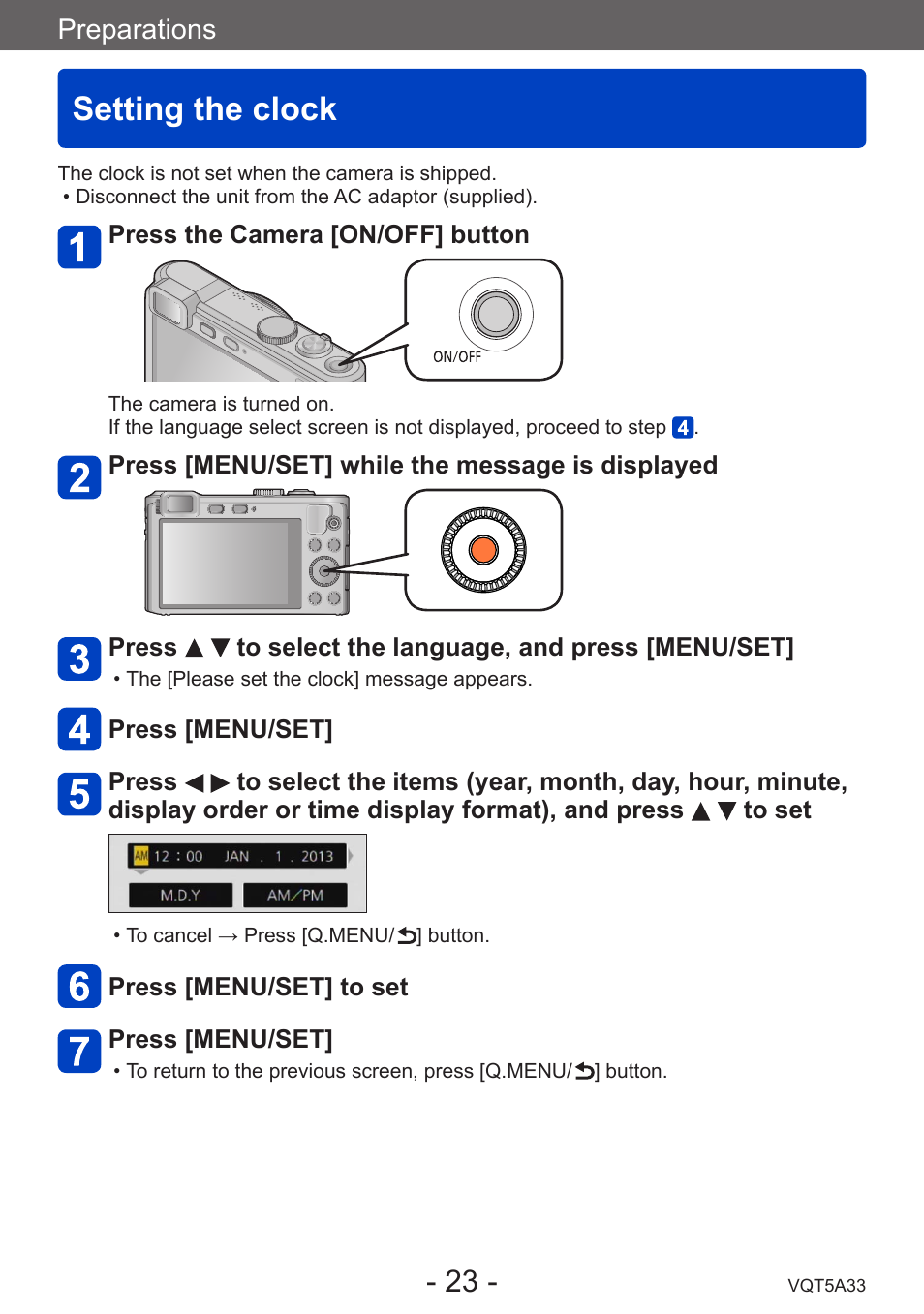 Setting the clock, Preparations | Panasonic DMC-LF1W User Manual | Page 23 / 285