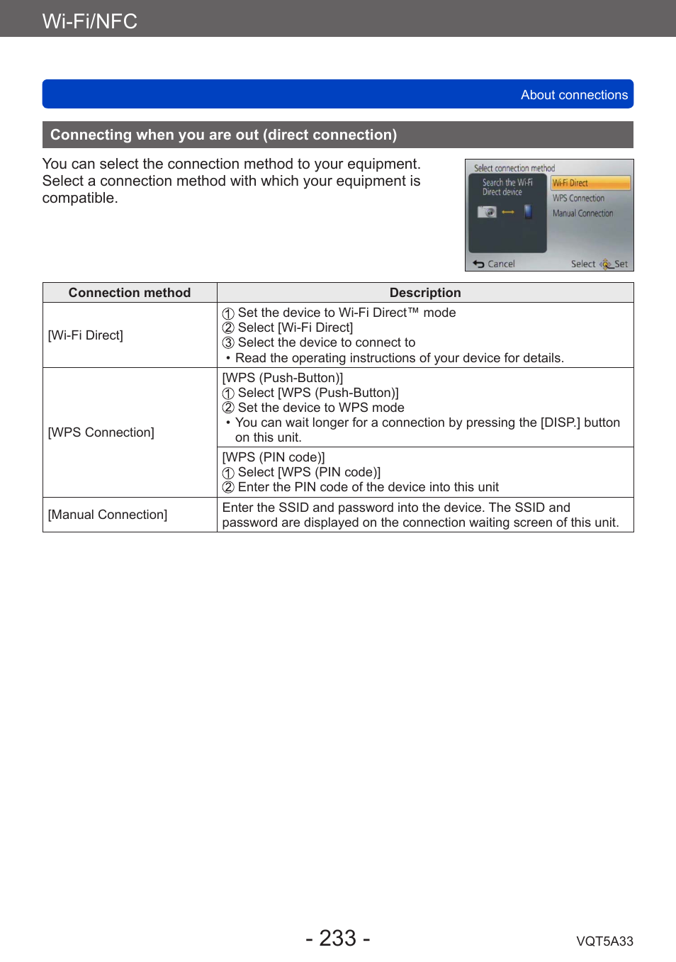 Connecting when you are out (direct connection), Connecting when you are out, Direct connection) | Wi-fi/nfc | Panasonic DMC-LF1W User Manual | Page 233 / 285