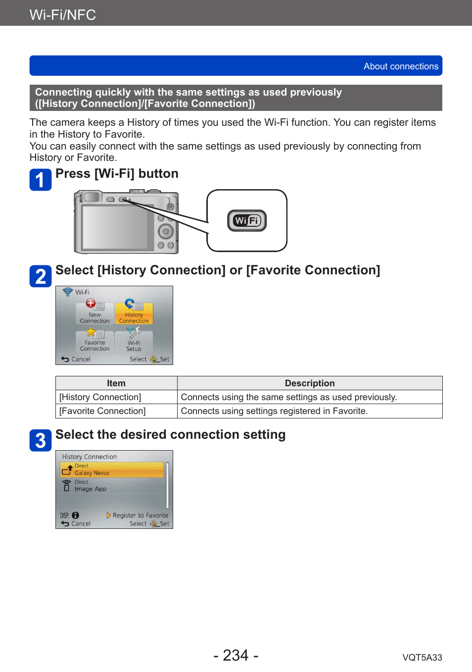 Connecting quickly with the same, Settings as used previously, History connection | Favorite connection]), Wi-fi/nfc, Select the desired connection setting | Panasonic DMC-LF1W User Manual | Page 234 / 285