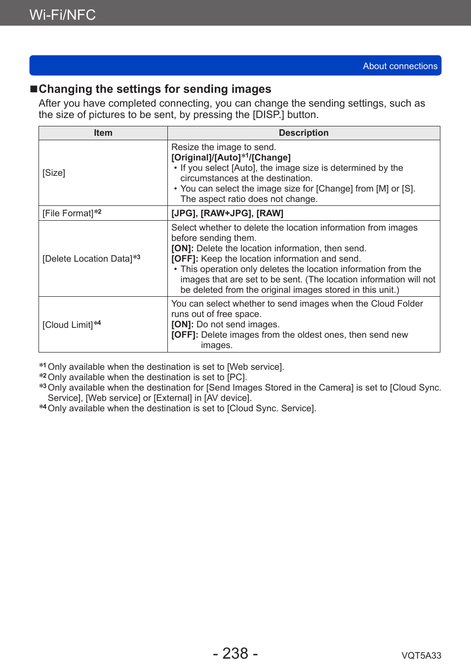 Wi-fi/nfc, Changing the settings for sending images | Panasonic DMC-LF1W User Manual | Page 238 / 285