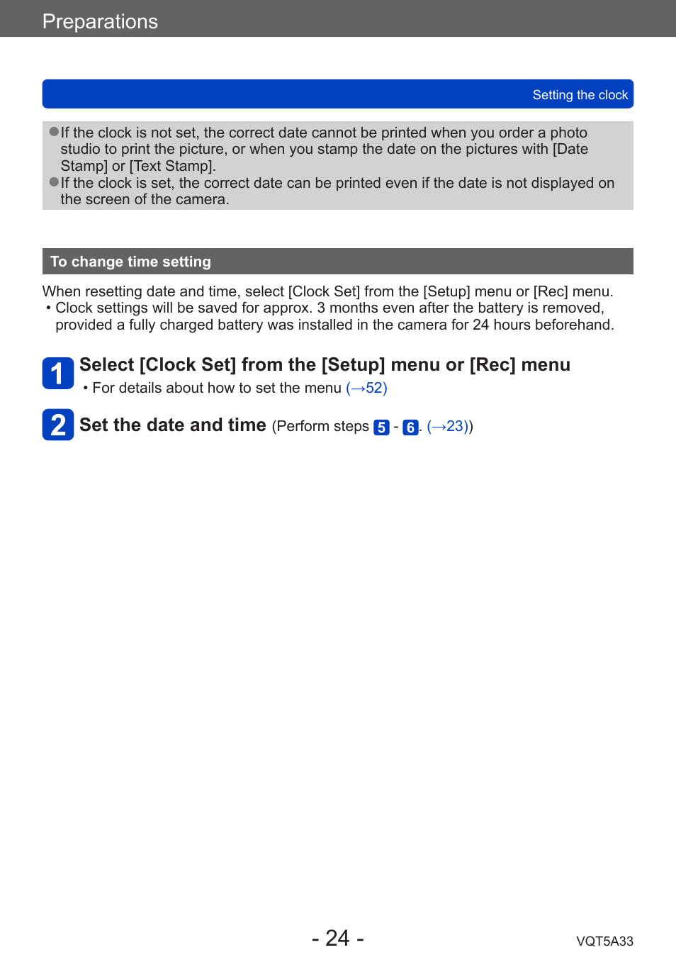 To change time setting, Preparations | Panasonic DMC-LF1W User Manual | Page 24 / 285