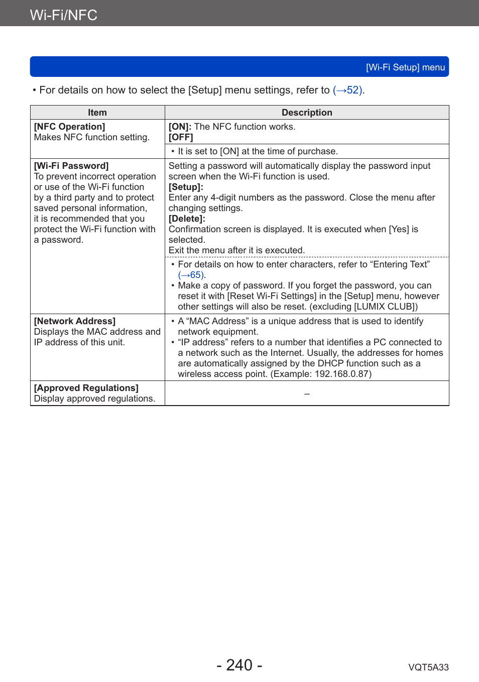 Wi-fi/nfc | Panasonic DMC-LF1W User Manual | Page 240 / 285