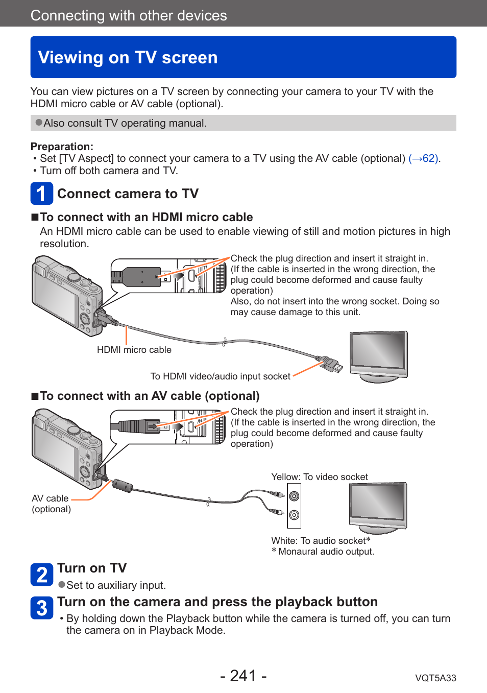 Connecting with other devices, Viewing on tv screen, Connect camera to tv | Turn on tv, Turn on the camera and press the playback button | Panasonic DMC-LF1W User Manual | Page 241 / 285
