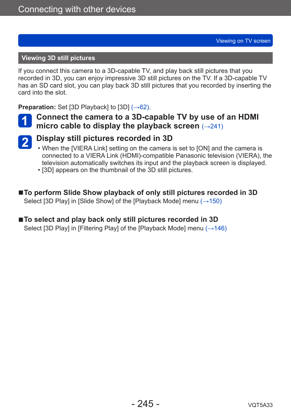 Viewing 3d still pictures, Connecting with other devices | Panasonic DMC-LF1W User Manual | Page 245 / 285