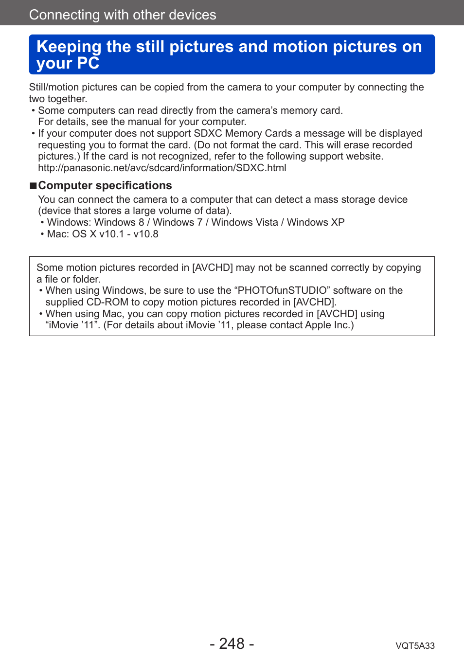 Keeping the still pictures and, Motion pictures on your pc, Connecting with other devices | Panasonic DMC-LF1W User Manual | Page 248 / 285