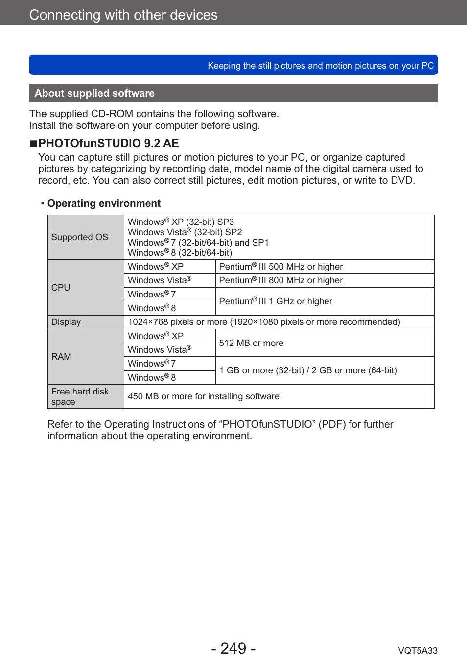 About supplied software, Connecting with other devices, Photofunstudio 9.2 ae | Panasonic DMC-LF1W User Manual | Page 249 / 285