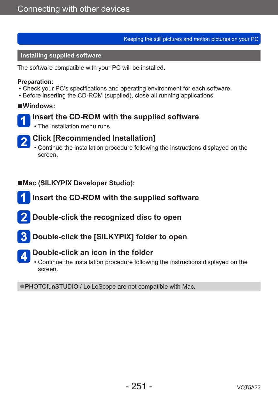 Installing supplied software, Connecting with other devices | Panasonic DMC-LF1W User Manual | Page 251 / 285