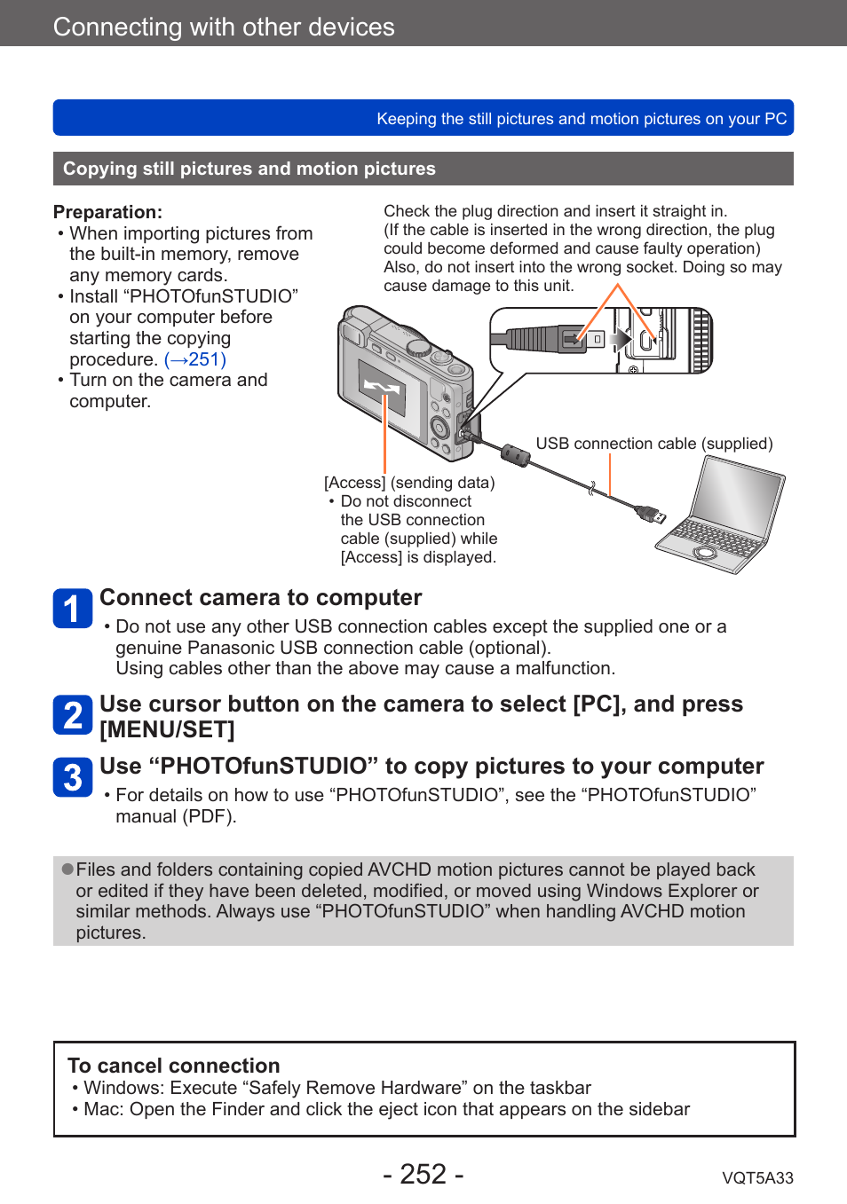 Copying still pictures and motion pictures, Copying still pictures and motion, Pictures | Connecting with other devices, Connect camera to computer | Panasonic DMC-LF1W User Manual | Page 252 / 285
