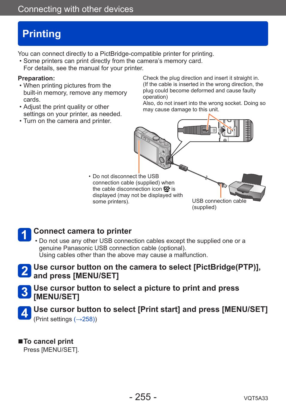 Printing, Connecting with other devices, Connect camera to printer | Panasonic DMC-LF1W User Manual | Page 255 / 285