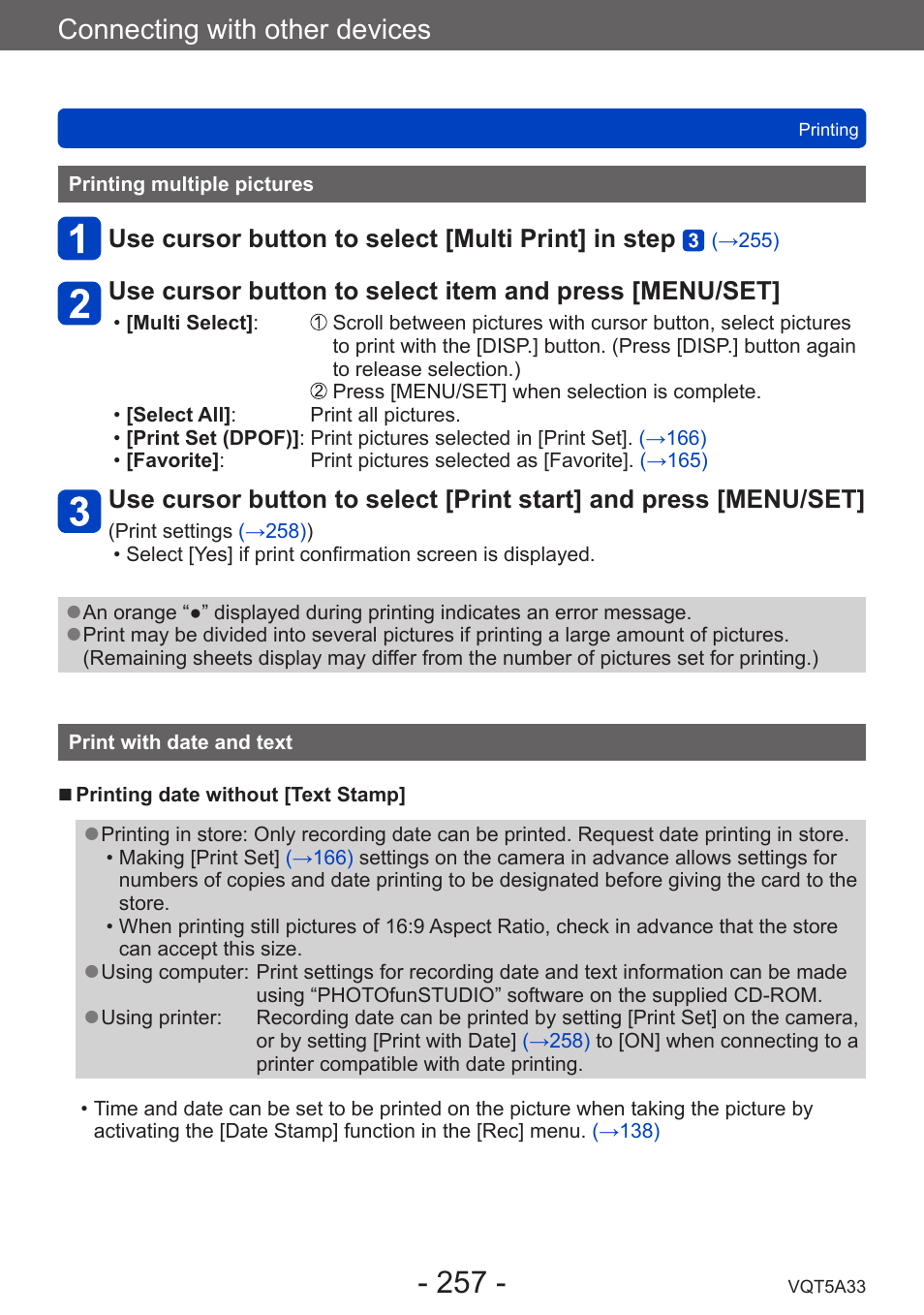 Printing multiple pictures, Print with date and text, Connecting with other devices | Panasonic DMC-LF1W User Manual | Page 257 / 285