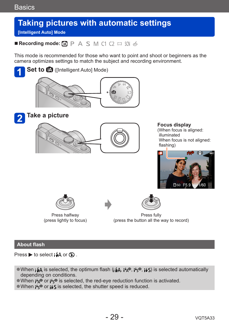 About flash, Taking pictures with automatic settings, Intelligent auto] mode | Basics | Panasonic DMC-LF1W User Manual | Page 29 / 285