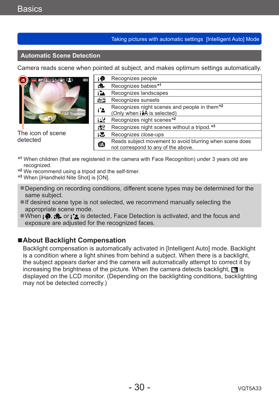 Automatic scene detection, Basics | Panasonic DMC-LF1W User Manual | Page 30 / 285