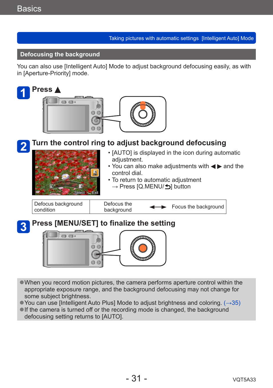 Defocusing the background, Basics, Press [menu/set] to finalize the setting | Panasonic DMC-LF1W User Manual | Page 31 / 285