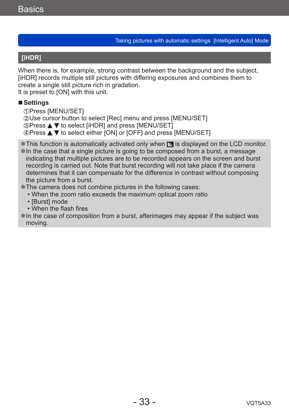 Ihdr, Basics | Panasonic DMC-LF1W User Manual | Page 33 / 285