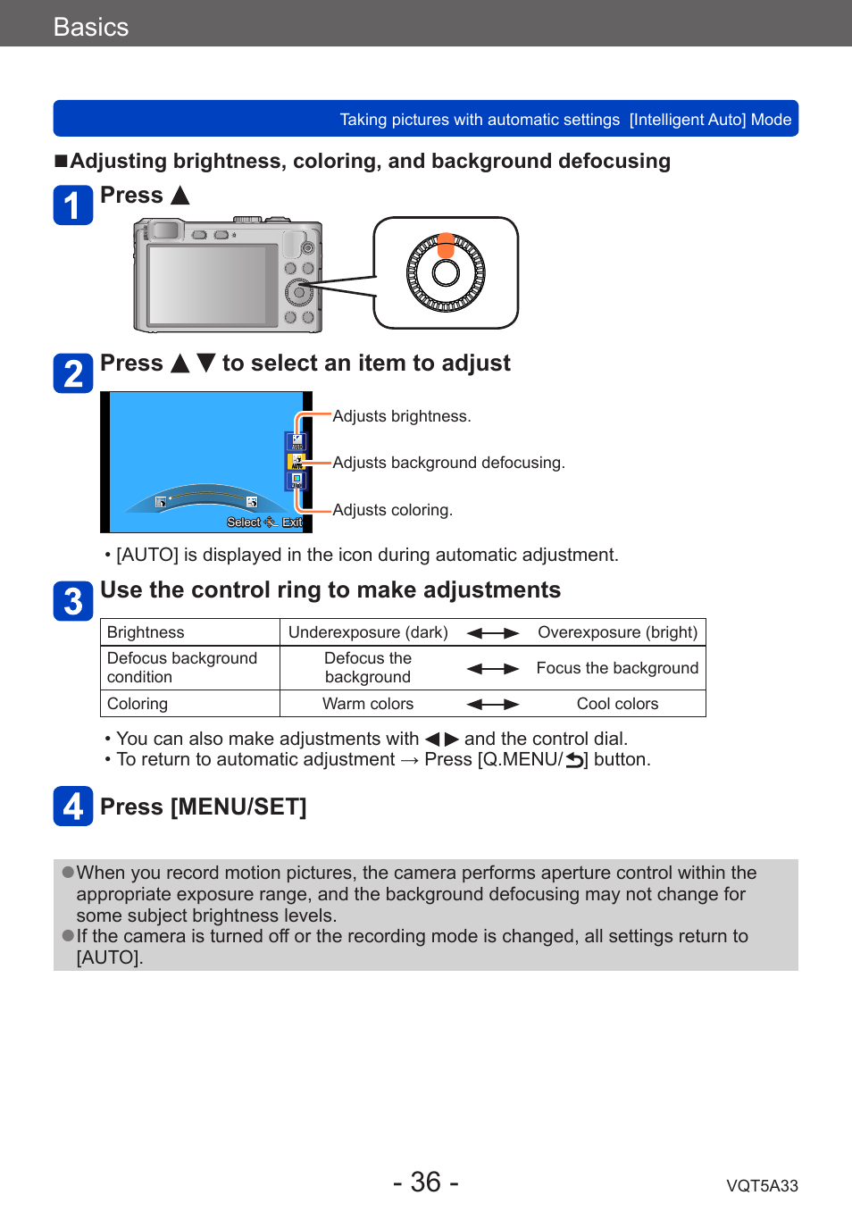 Basics, Press press to select an item to adjust, Use the control ring to make adjustments | Press [menu/set | Panasonic DMC-LF1W User Manual | Page 36 / 285