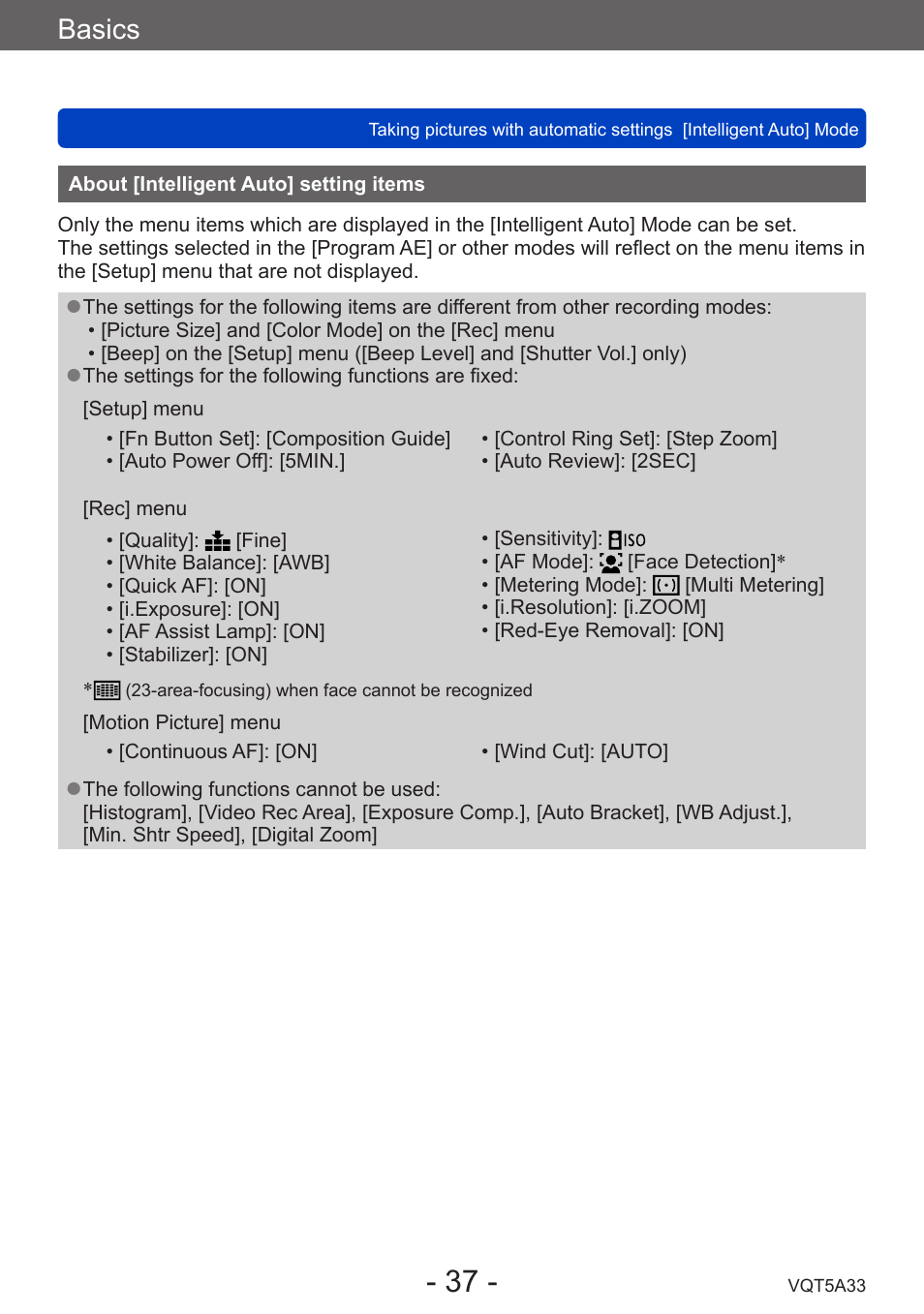 About [intelligent auto] setting items, Basics | Panasonic DMC-LF1W User Manual | Page 37 / 285