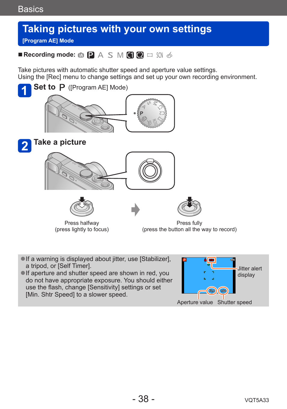 Taking pictures with your own settings, Program ae] mode, Basics | Panasonic DMC-LF1W User Manual | Page 38 / 285