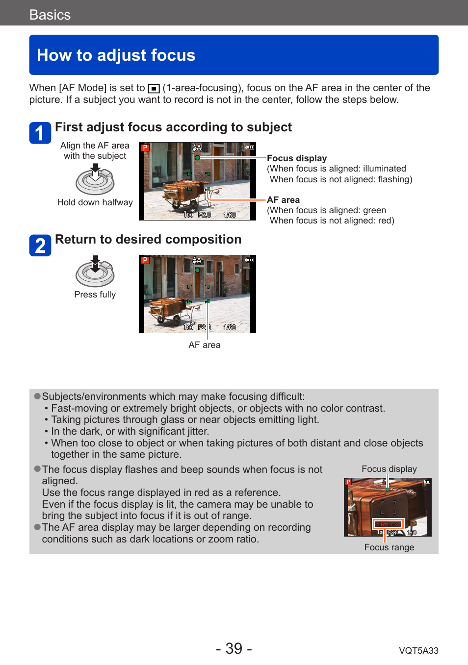 How to adjust focus, Basics, First adjust focus according to subject | Return to desired composition | Panasonic DMC-LF1W User Manual | Page 39 / 285