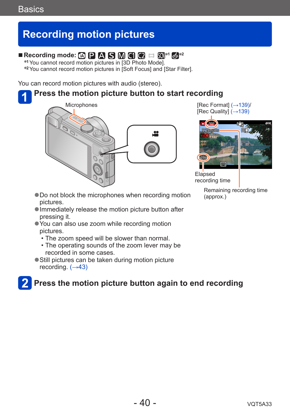 Recording motion pictures, Basics, Press the motion picture button to start recording | Panasonic DMC-LF1W User Manual | Page 40 / 285