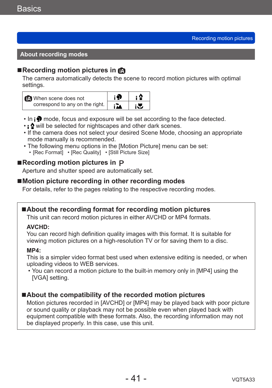 About recording modes, Basics | Panasonic DMC-LF1W User Manual | Page 41 / 285