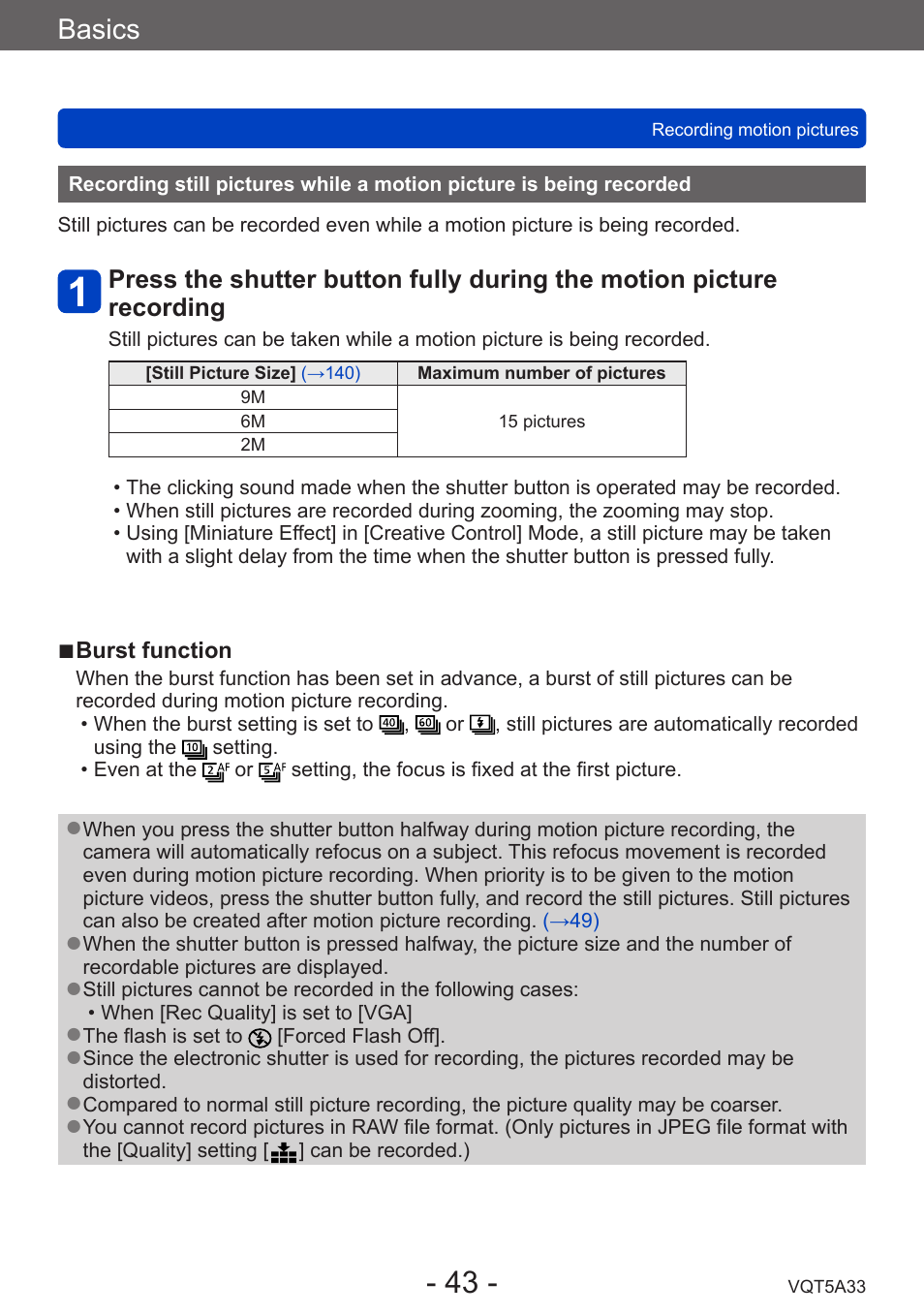 Recording still pictures while a motion, Picture is being recorded, Basics | Panasonic DMC-LF1W User Manual | Page 43 / 285