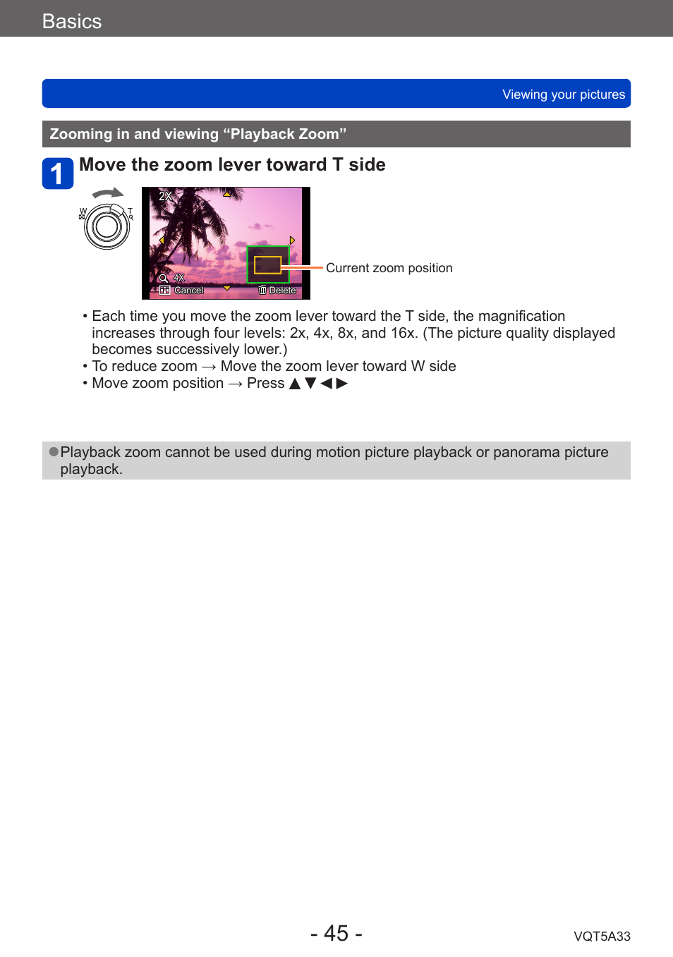 Zooming in and viewing “playback zoom, Zooming in and viewing, Playback zoom | Basics, Move the zoom lever toward t side | Panasonic DMC-LF1W User Manual | Page 45 / 285