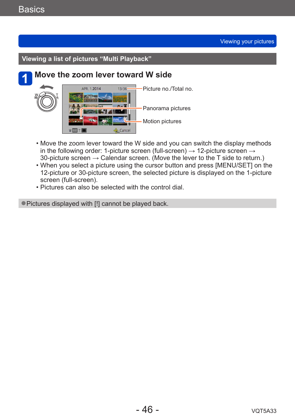 Viewing a list of pictures “multi playback, Viewing a list of pictures, Multi playback | Basics, Move the zoom lever toward w side | Panasonic DMC-LF1W User Manual | Page 46 / 285
