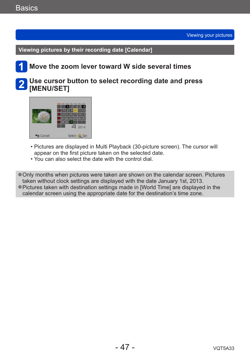 Viewing pictures by their recording date [calendar, Viewing pictures by their recording date, Calendar | Basics | Panasonic DMC-LF1W User Manual | Page 47 / 285