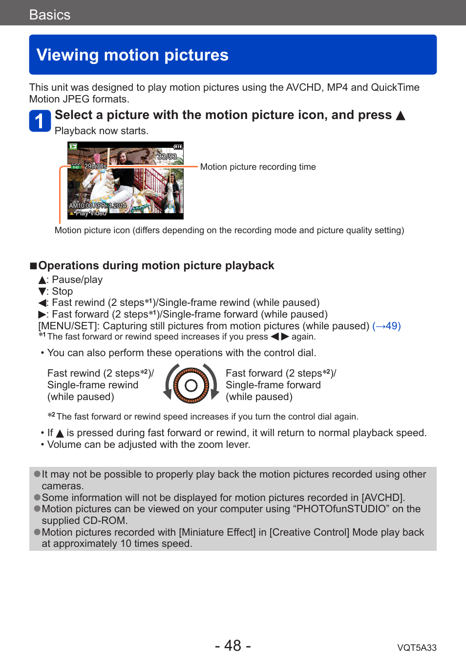 Viewing motion pictures, Basics | Panasonic DMC-LF1W User Manual | Page 48 / 285