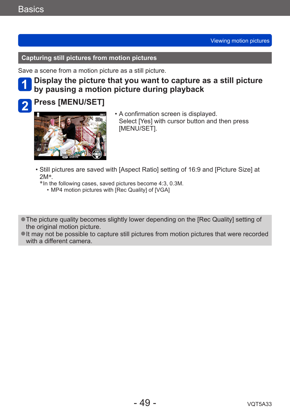 Capturing still pictures from motion pictures, Capturing still pictures from motion, Pictures | Basics | Panasonic DMC-LF1W User Manual | Page 49 / 285