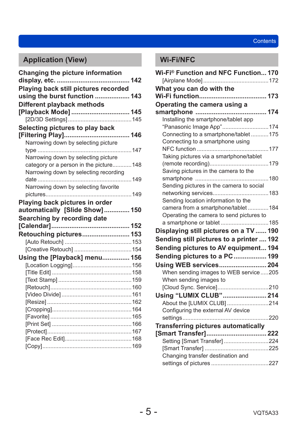 Application (view), Wi-fi/nfc | Panasonic DMC-LF1W User Manual | Page 5 / 285