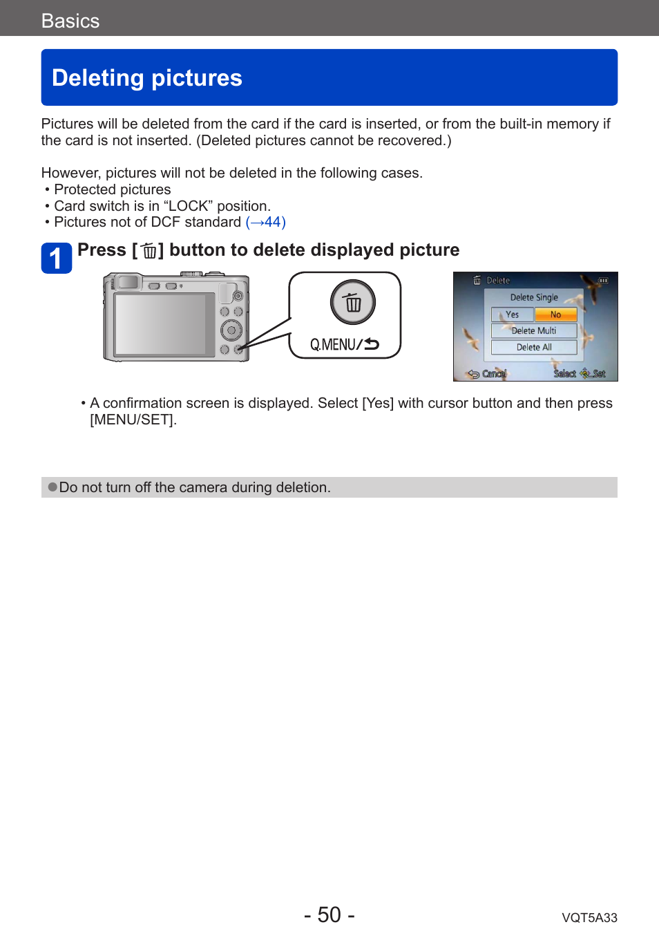 Deleting pictures, Basics | Panasonic DMC-LF1W User Manual | Page 50 / 285