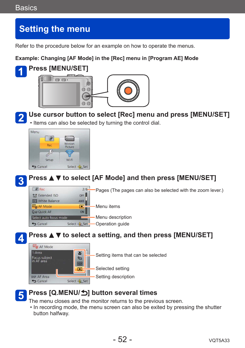 Setting the menu, Basics | Panasonic DMC-LF1W User Manual | Page 52 / 285