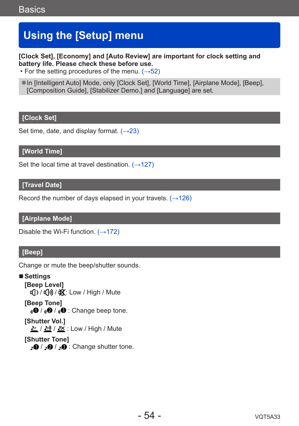 Using the [setup] menu, Clock set, World time | Travel date, Airplane mode, Beep, Basics | Panasonic DMC-LF1W User Manual | Page 54 / 285
