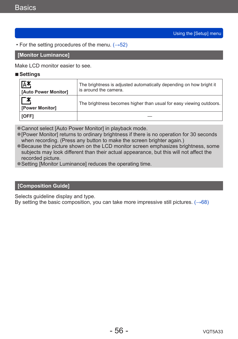 Monitor luminance, Composition guide, Basics | Panasonic DMC-LF1W User Manual | Page 56 / 285