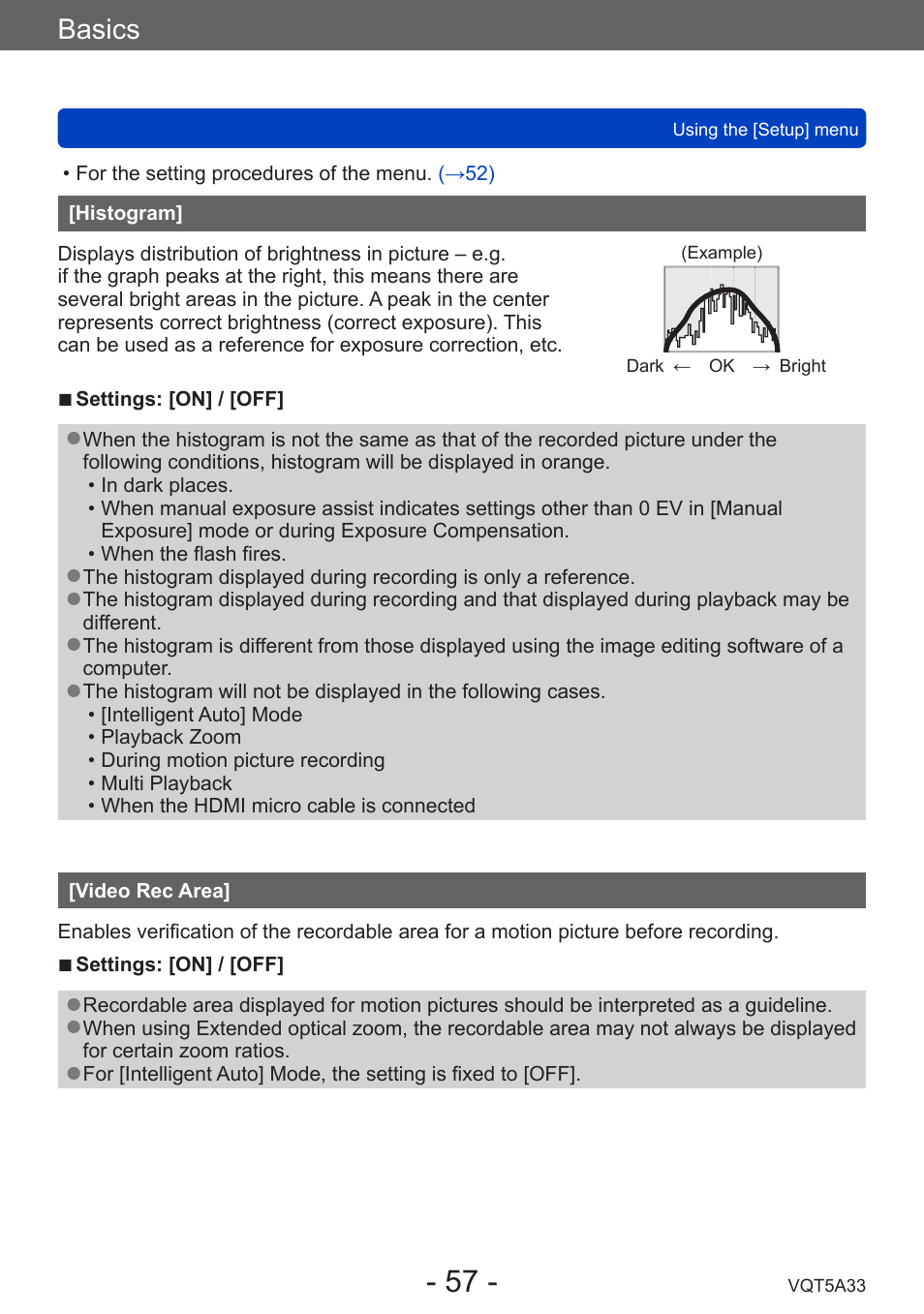 Histogram, Video rec area, Basics | Panasonic DMC-LF1W User Manual | Page 57 / 285