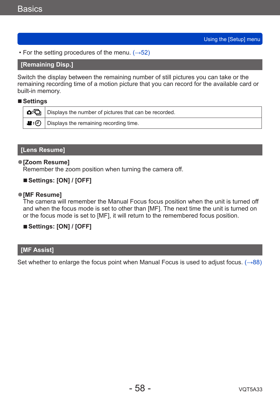 Remaining disp, Lens resume, Mf assist | Basics | Panasonic DMC-LF1W User Manual | Page 58 / 285