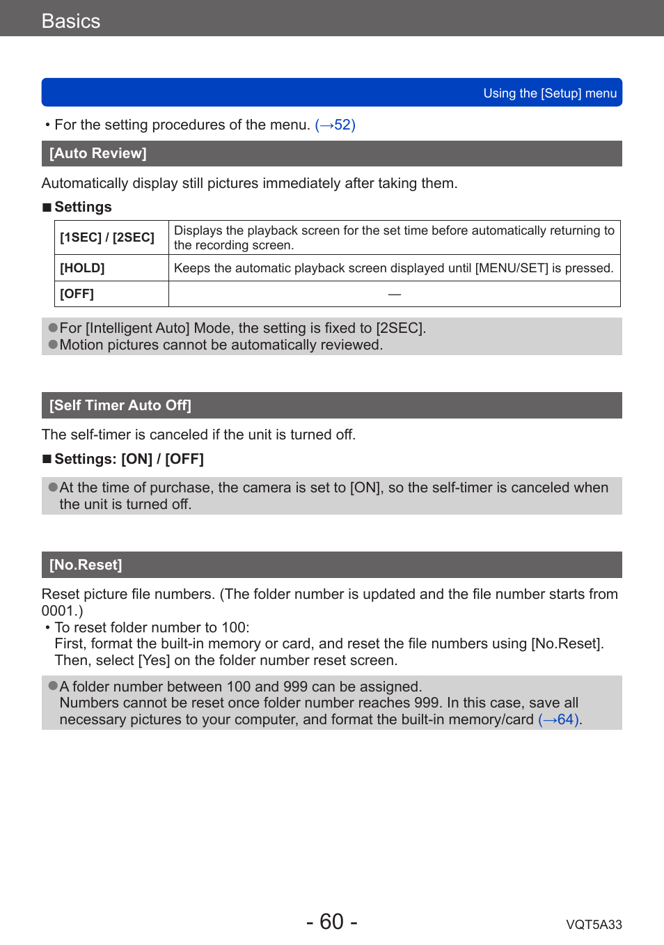 Auto review, Self timer auto off, No.reset | Basics | Panasonic DMC-LF1W User Manual | Page 60 / 285