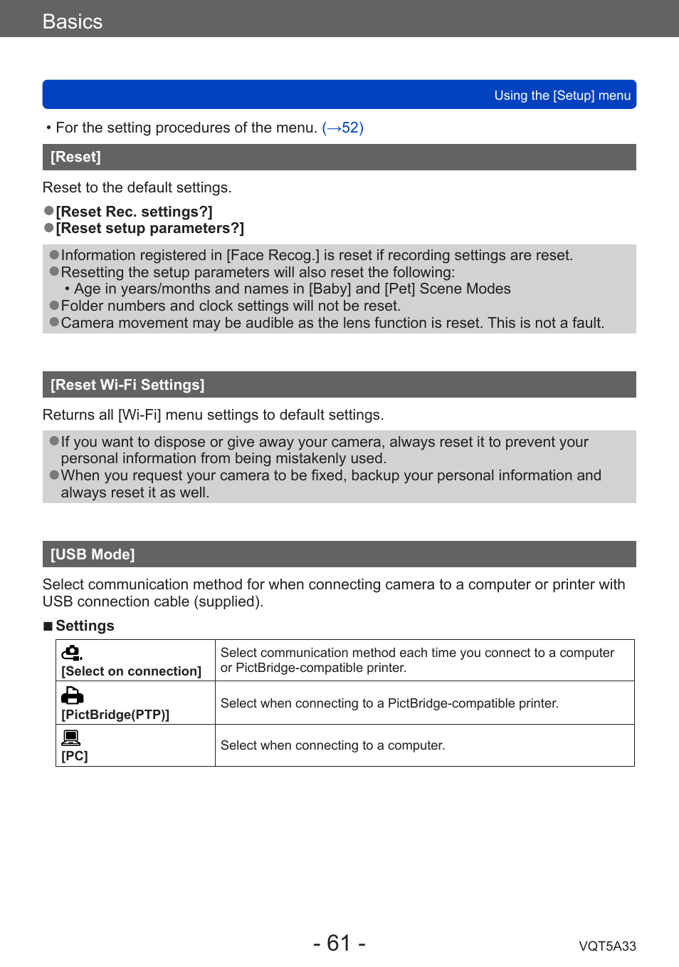 Reset, Reset wi-fi settings, Usb mode | Basics | Panasonic DMC-LF1W User Manual | Page 61 / 285