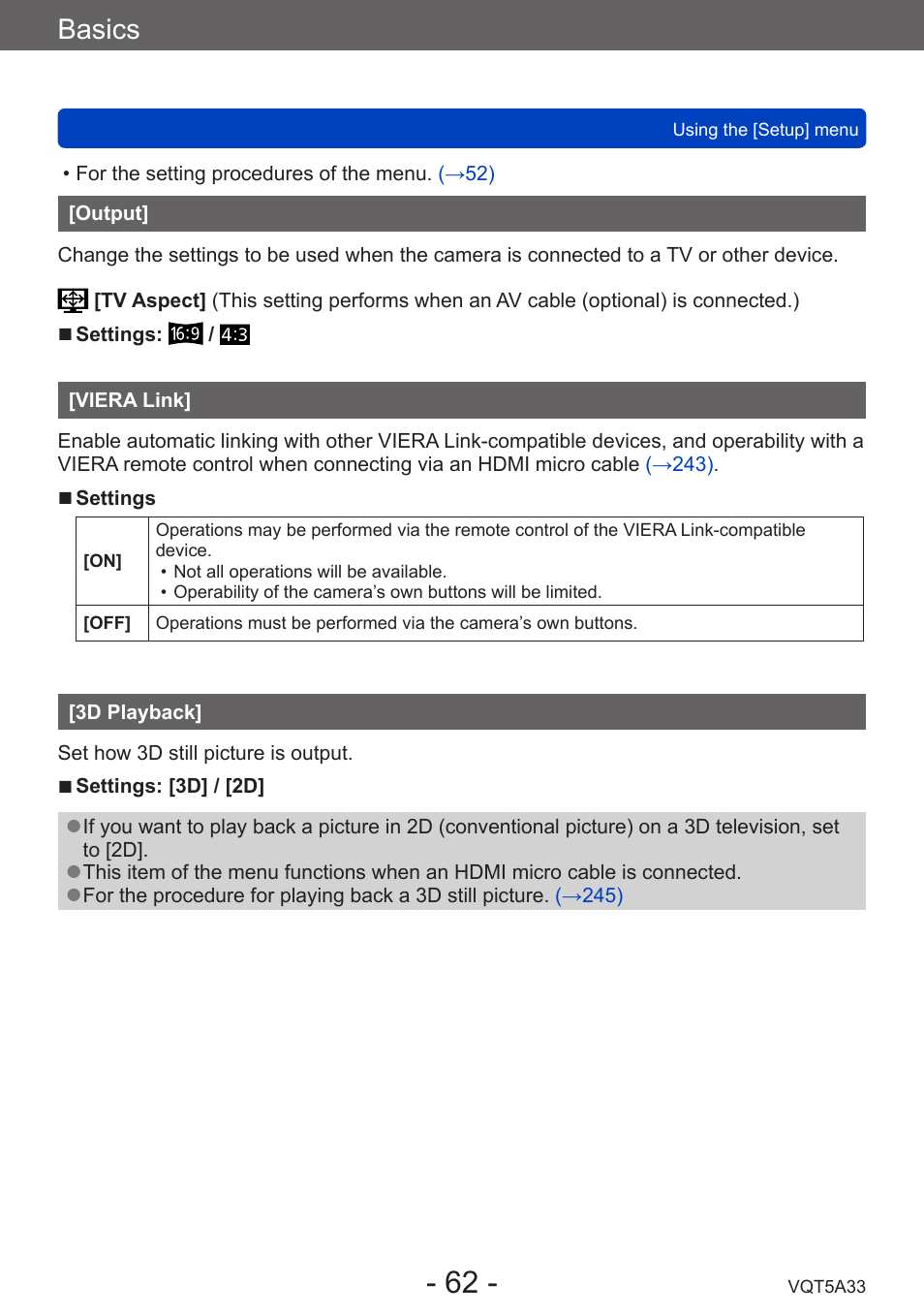 Output, Viera link, 3d playback | Basics | Panasonic DMC-LF1W User Manual | Page 62 / 285
