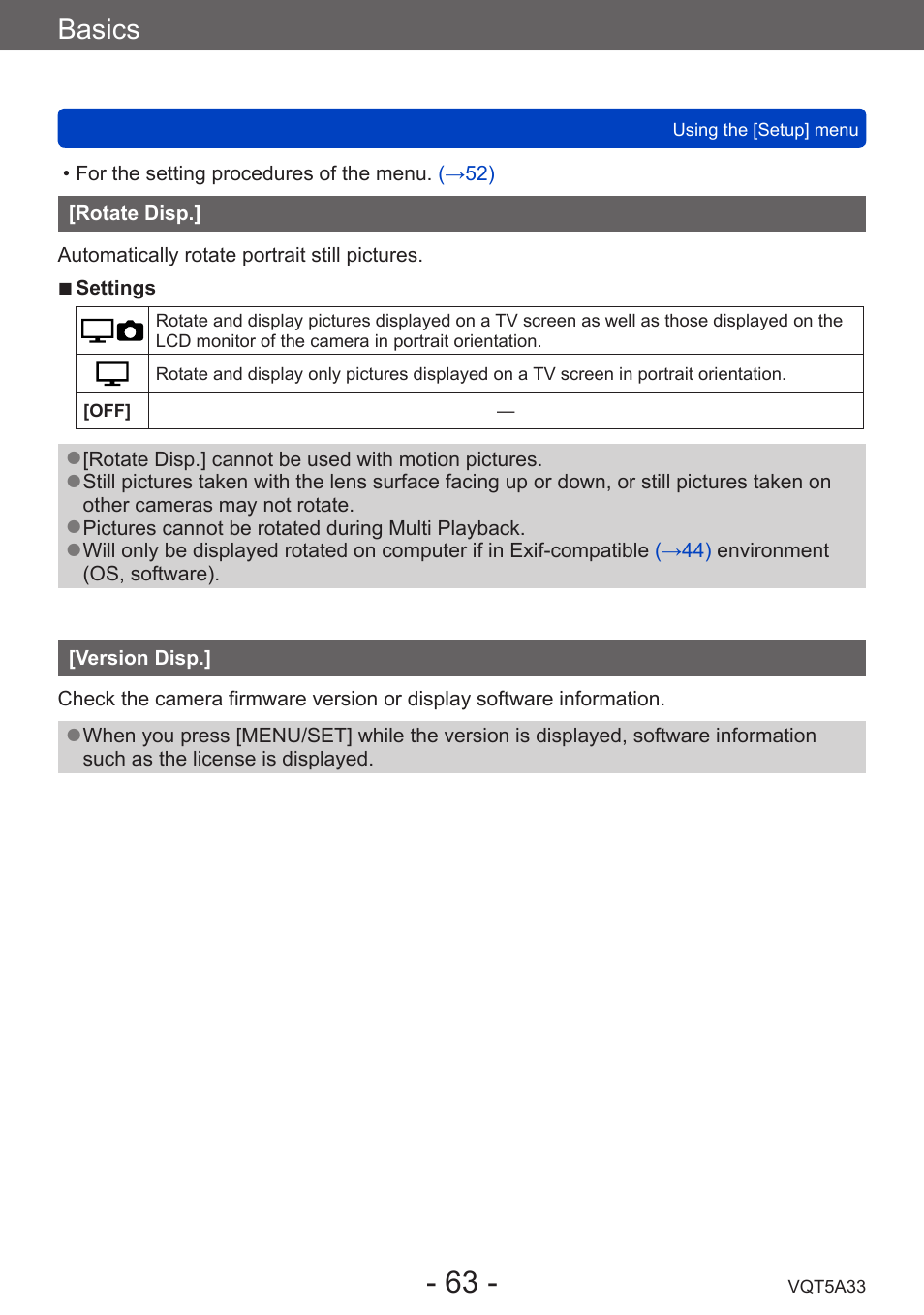 Rotate disp, Version disp, Basics | Panasonic DMC-LF1W User Manual | Page 63 / 285